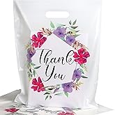 Floral Plastic Thank You Gift Bags Bulk - 12"x15" Merchandise Retail Shopping Bags with Die-Cut Handles, 50 Pack - Perfect for Small Businesses, Boutiques, Clothing Stores, Weddings, Party Favors