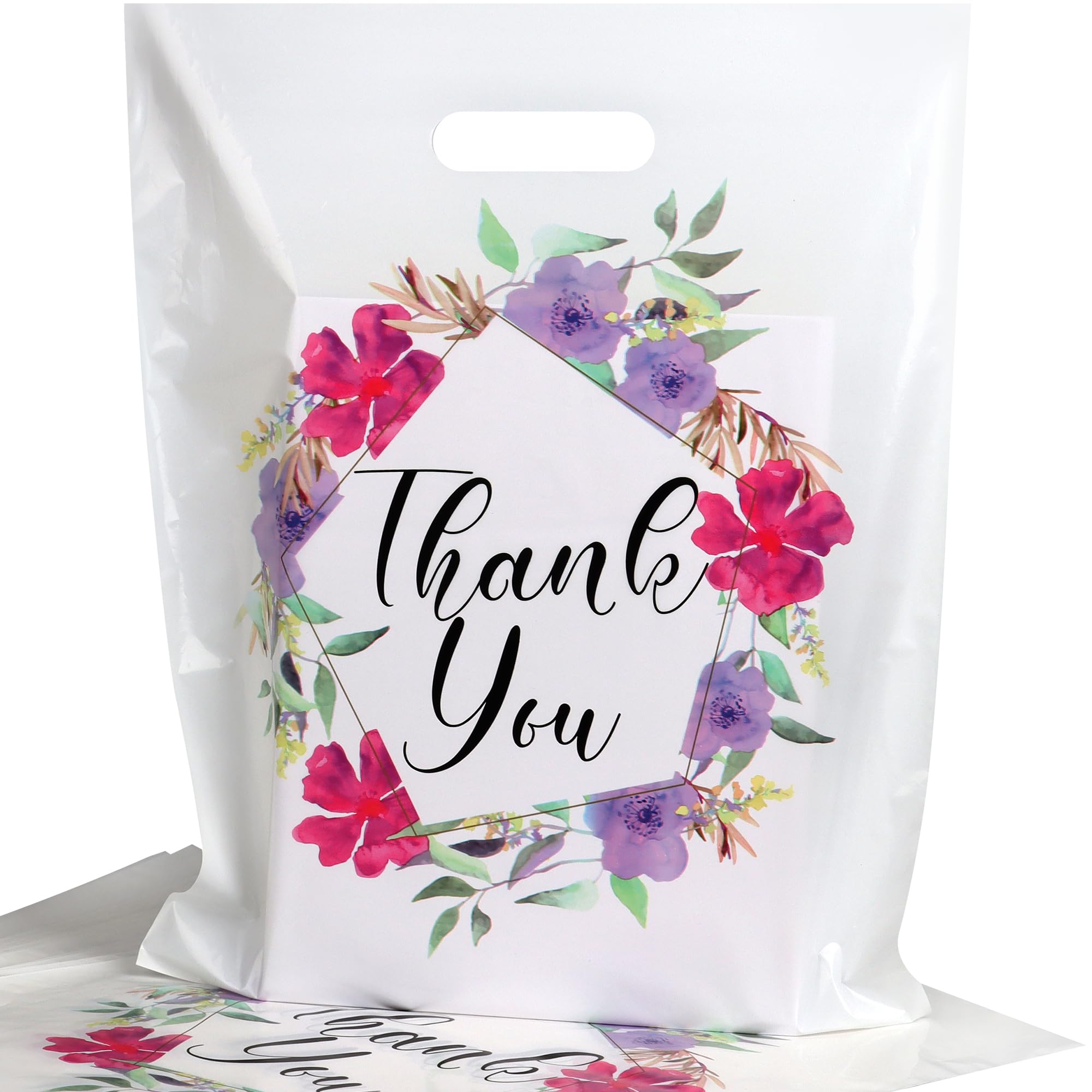 POPGIFTU 50 Pack Floral Thank You Gift Bags - 30x38cm Merchandise Retail Plastic Carrier Bags with Handles for Small Businesses, Boutiques, Clothing Stores, Weddings, Party Favors, Holiday Presents