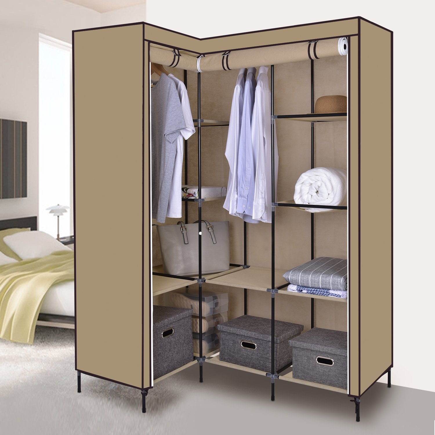 Funime Canvas Wardrobe Corner Wardrobe L Shaped Canvas Wardrobe