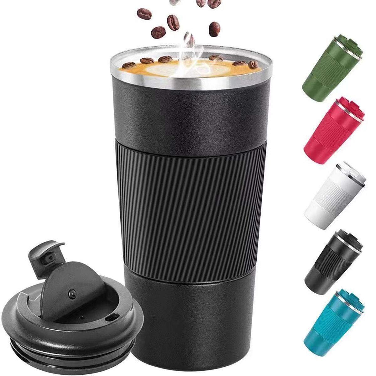 Coffee Cup, Vacuum Reusable Leakproof Double Wall Coffee Cup, Insulation Stainless Steel Eco-Friendly Travel Office Mug for Hot Coffee Tea and Cold Drinks, 17oz/510ml, Black