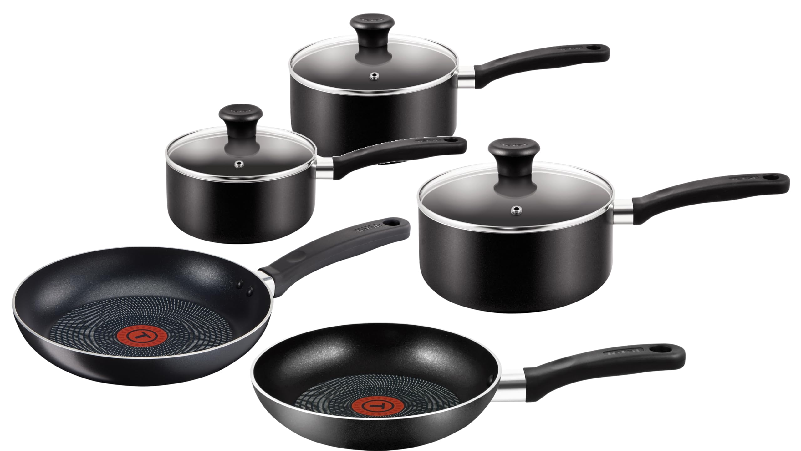 Tefal Essential 5-Piece Non-Stick Cookware Set: 3 Saucepans (16/18/20CM) with Lids, 2 Frying Pans (20/24CM), Compatible with All Hobs Except Induction Black - B472S545
