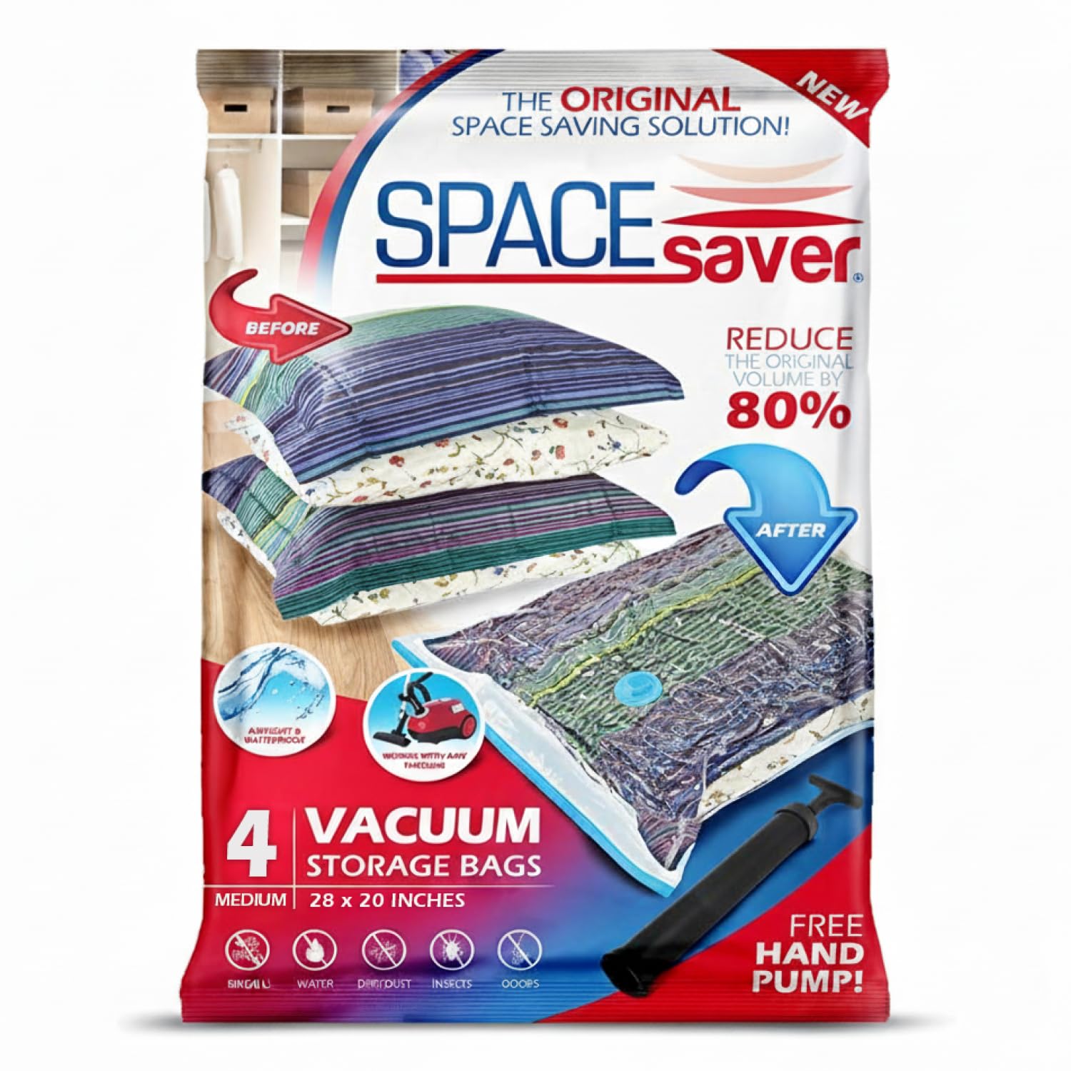 Spacesaver Vacuum Storage Bags for Clothes, Wardrobe and Travel, 80% Extra Space, Garment Bag Vacuum Cleaner Travel Pump Included Double Closure Turbo Valve, Medium 4 Pieces