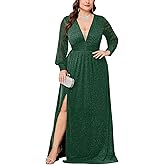 TIARALY Plus Size Sparkly Formal Maxi Dress Long Sleeve Deep V-Neck Mesh Dresses with Slit Cocktail Wedding Evening Gown