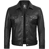 WECNOM Mens Real leather Trucker Jacket Men - Distressed Motorcycle Jacket | 100% Real Leather, Button Closure, Shirt Collar, American Vintage Style, Western Trucker Jacket