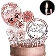 MOVINPE Rose Gold Cake Topper Decoration with Happy Birthday Candles Happy Birthday Banner Confetti Balloon Paper Fans For Rose Gold Theme Party Decor Girl Women Birthday Party