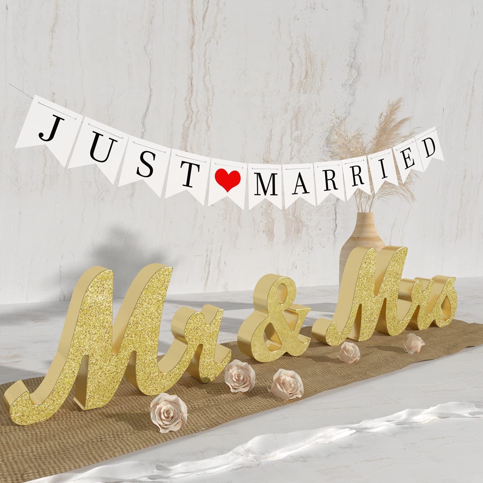 Photo 1 of VIOPVERY Mr and Mrs Sign & Just Married Banner,Mr & Mrs Signs for Wedding Table,Large Wooden Letters for Sweetheart Table,Photo Props Wedding decorations for Anniversary,Gold