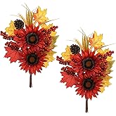 Briful Set of 2 16in Fall Burgundy Sunflower Picks and Sprays with Pinecones Berries Maple Leaves Artificial Fall Floral Branches Stems for Autumn Home Wedding Party Vase Centerpieces Decor