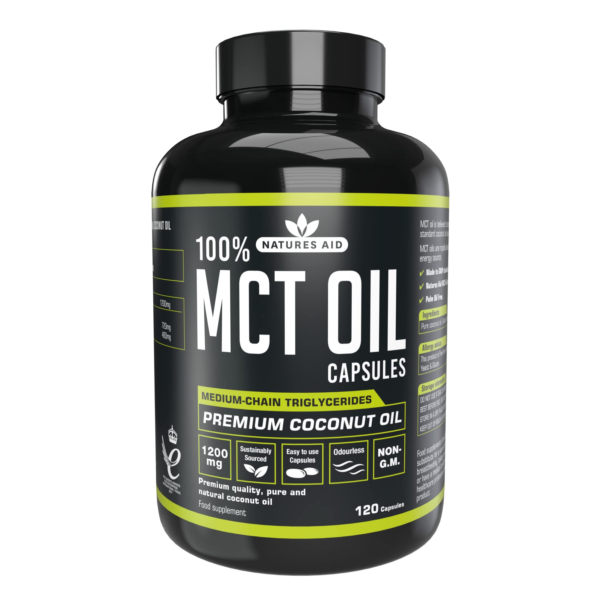 Natures Aid MCT Oil Capsules 1200mg 120 Capsules - Premium 100% Coconut Oil - Supports Energy Boost Metabolism Keto Weight Management - Gluten-Free Essential Fatty Acids