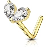 Cocharm 14K Solid Gold Flower Nose Stud - 20g Yellow Gold L Bend Nostril Stud, 7mm Long Nose Piercing, 14kt Real Gold Nose Stud with Sparkling CZ, Nickel Free