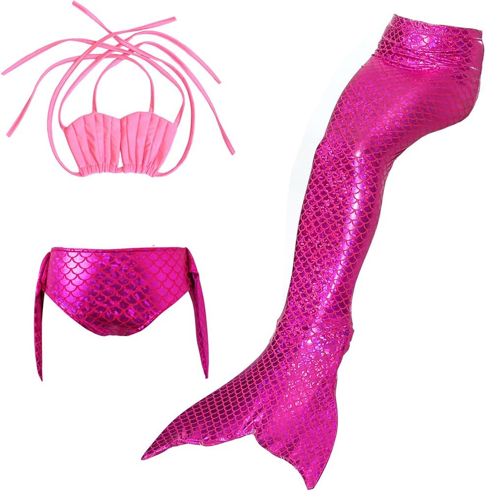 MOXO Girls Fancy Mermaid Swimwear Tail Bikini Set with Pink Shell Bra Summer Sequined Sea-Maid Swimwear 3 Piece