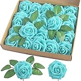 homEdge Artificial Rose, 25pcs Foam Artificial Flowers with Stem for Home Decorations, Wedding Bouquets, Party, Certerpieces, Anniversaries-Light Blue