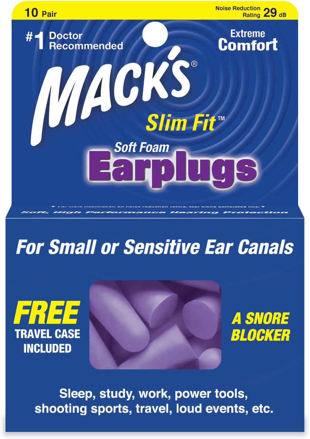 Mack's Slim Fit Soft Foam Earplugs, 10 Pair - Small Ear Plugs for Sleeping, Snoring, Traveling, Concerts, Shooting Sports and Power Tools