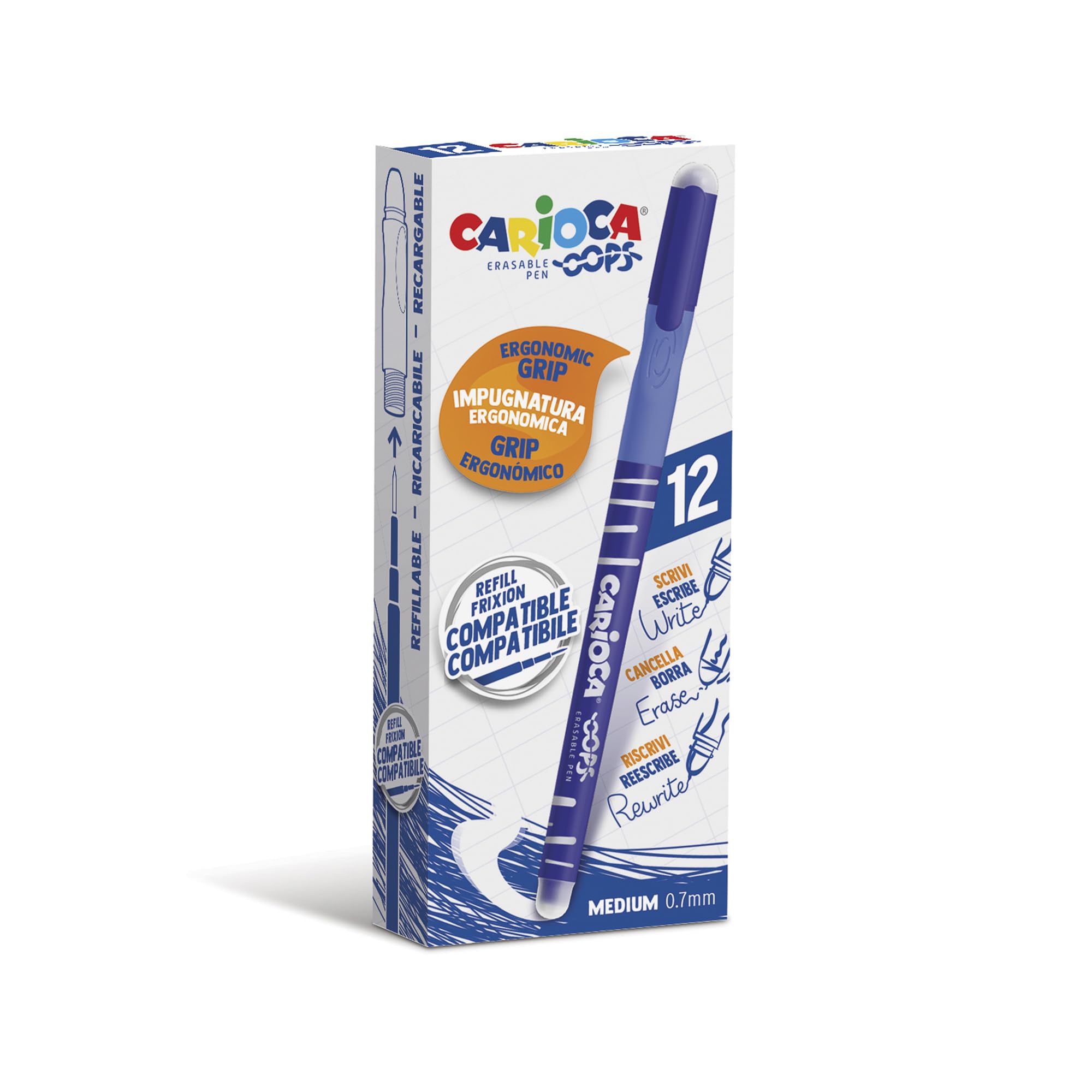 CARIOCA OOPS Erasable Pens, Blue, Box of 12-0.7 mm Tip, Ergonomic Triangular Grip, Double Eraser, Thermosensitive Ink, Compatible Refills (12 Blue Erasable Pens)
