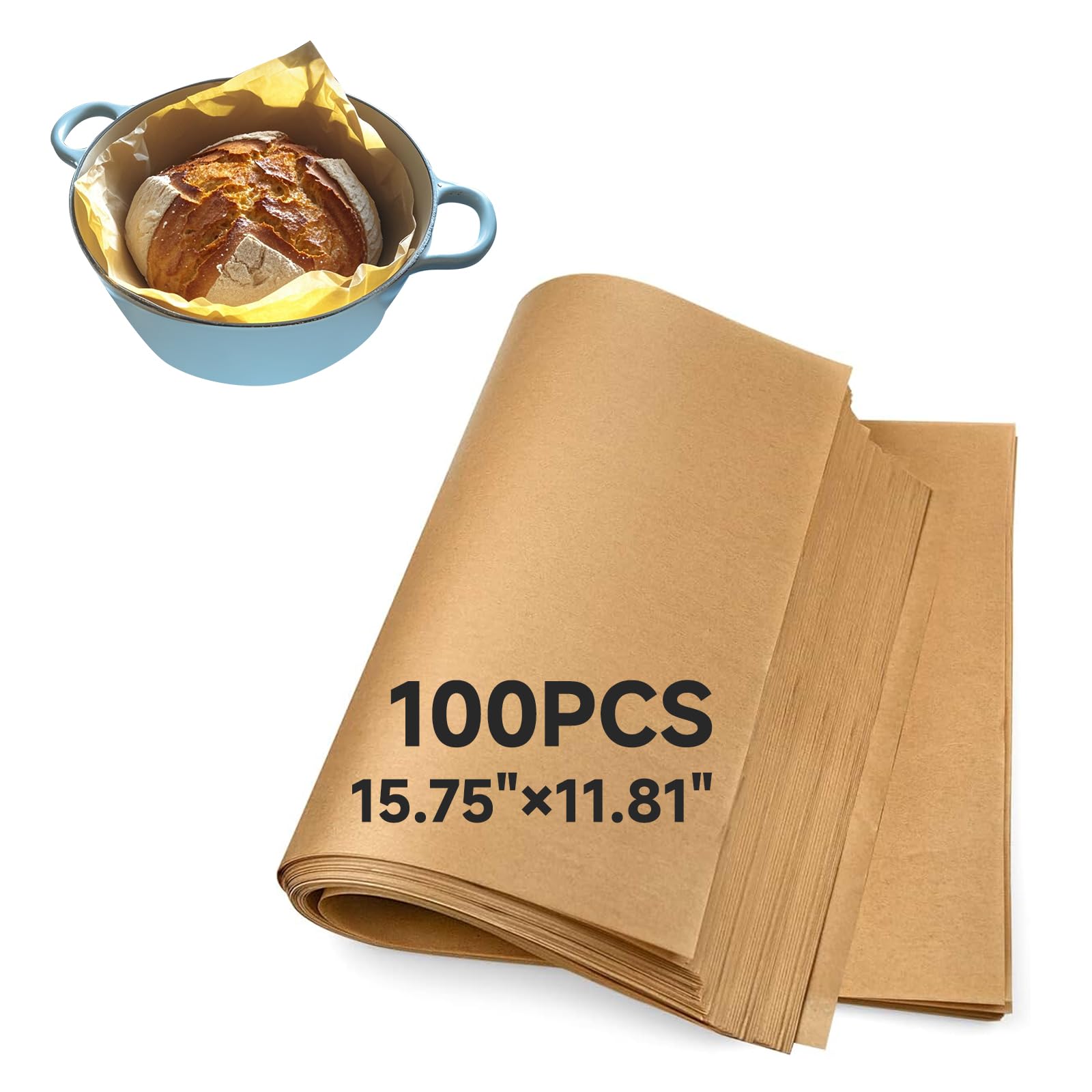 Photo 1 of 100Pcs Sourdough Parchment Paper for Dutch Oven, 15.75x11.81" Precut Brown Parchment Papers, Unbleached and Non-Stick Baking Paper Sheets, Dutch Oven Liners for Sourdough Bread
