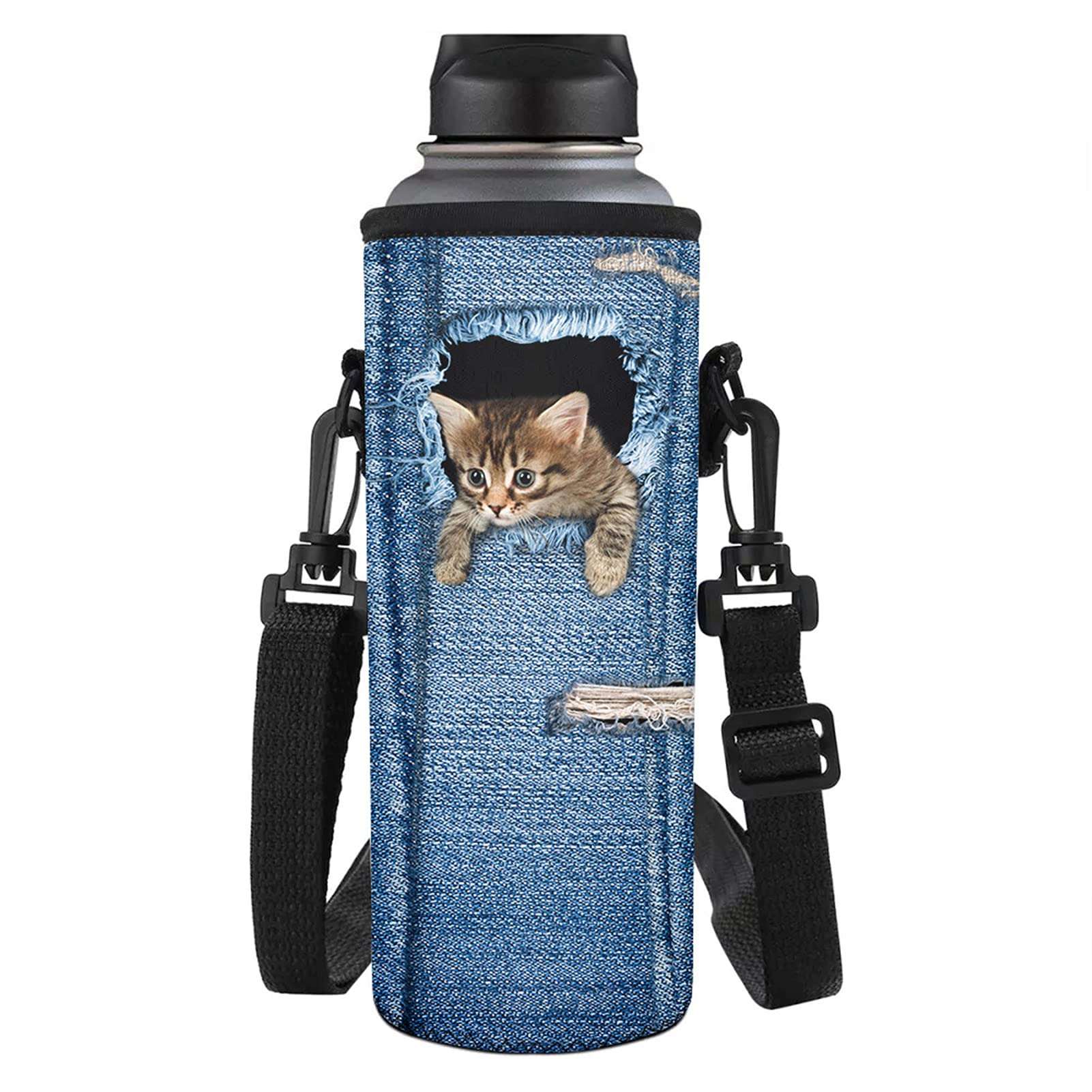 Coloranimal Denim Animal Cats Printed Water Bottle Carrier Bag,Bottle Pouch Holder for Sport Drinking Neoprene Shoulder Bag