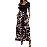 HAOMEILI Women's Short Sleeve Floral Print Scoop Neck Loose Plain Maxi Dresses Casual Long Dresses with Pockets(Gypsophila Black L)