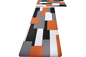 FNLNDO Orange Black Grey White Kitchen Rugs and Mats Set of 2 Cushioned Anti Fatigue Kitchen Rugs Set Geometric Non-Skid Washable Kitchen Mats for Kitchen Sink Laundry 17.5"x29.5"+17.5"x47"