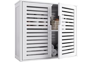 HITNET White Bathroom Cabinet Over Toilet, Bamboo Hanging Medicine Cabinet, Wall-Mounted Storage Organizer, Kitchen Cupboard with Double Doors and Adjustable Shelf