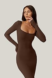 QINSEN Womens Soft Lounge Long Sleeve Dress Ribbed