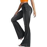 FUNUCA Knit Stretchy Jean Leggings for Women with Crossover High Waisted Bell Bottom Yoga Pants Flare Leggings with Pockets