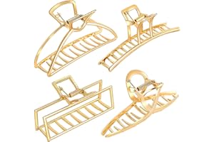 AUSEIBEELY Hair Claw Clips for Women, 4 Pack Gold Claw Clips, Metal Hair Clips, Large Claw Hair Clips, Big Hair Claws Banana Hair Styling Accessories for Thick Hair