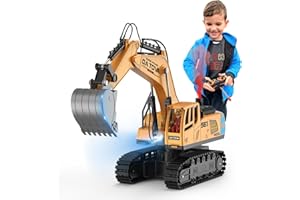 DIGABI Remote Control Excavator Toys for Boys- Movable Claw Digger Trucks with Spray & LED, 11 Channel 2.4GHz Full Function Remote Control Crane for 6-12 Year Old Kids Christmas Birthday Gift