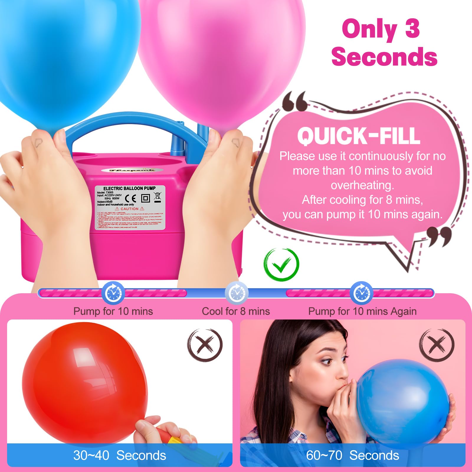 FLSEPAMB Balloon Pump, Electric Balloon Pump,Portable Dual Nozzles Electric Balloon Air Pump 110V 600W, Electric Balloon Inflator with Tying Tool, Colored Ribbons for Party Decoration