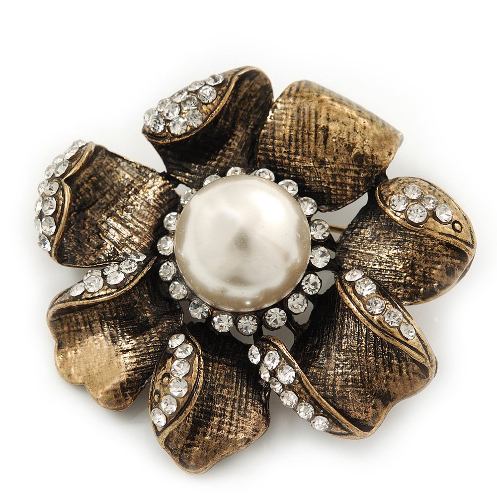 Vintage Textured Diamante Flower Brooch In Bronze Tone Metal - 5cm Diameter
