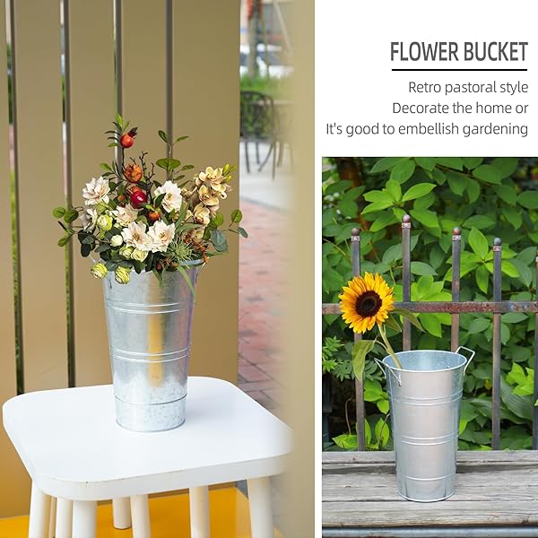 NOTAKIA 8 PCS 12 INCH LARGE GALVANIZED METAL VASES FARMHOUSE FRENCH FLOWER BUCKET VASES FOR CUT FLOWERS FOR HOME DECOR AND WEDDING TABLE CENTERPIECE DECORATIONS (LARGE SILVER)