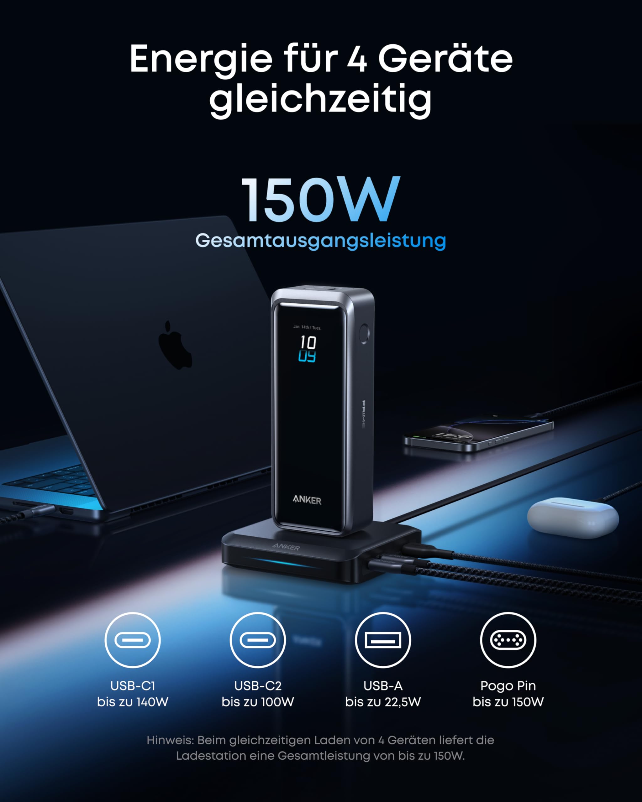 Anker Ladebasis, max. 150W Schnellladung mit 3 Ports für die Anker Prime Powerbank, kompatibel mit MacBook Pro/Air-Serie, iPhone 16/15/14-Serie, Samsung und weiteren (Ohne Powerbank) 3