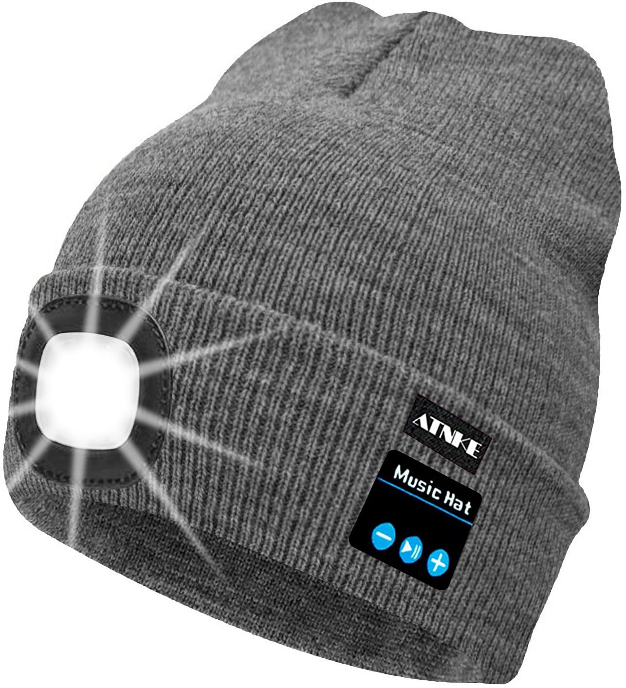 ATNKE LED Lighted Bluetooth Beanie Cap, USB Rechargeable Wireless Musical Running Hat Ultra Bright 4 LED Light Lamp Use for Skiing Hiking Camping Cycling/Grey — image 1