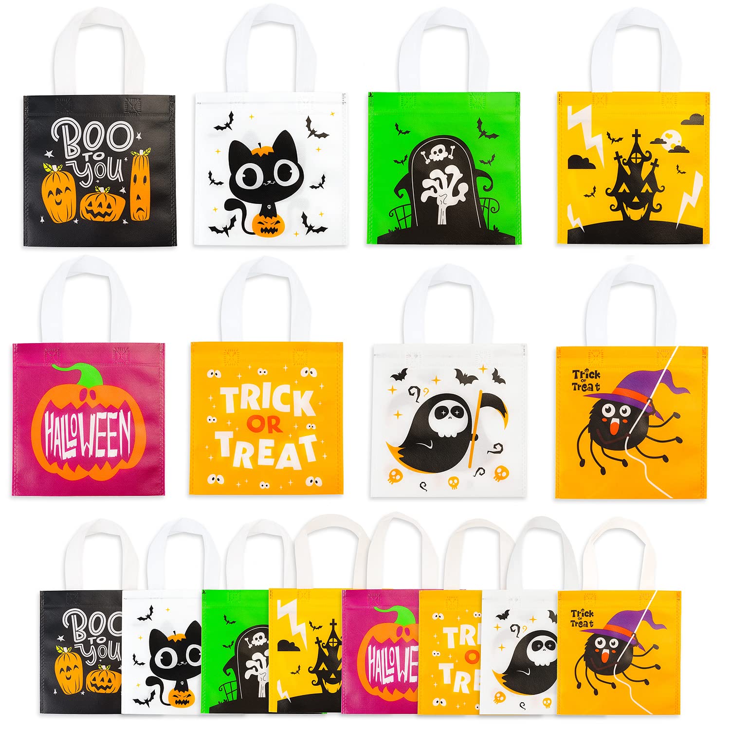 FINGOOO 24 pieces Halloween Non-woven Bags, 8 by 8 inches Spider Pumpkin Bat Trick or Treat Tote Bag Goodie Bags for Kids