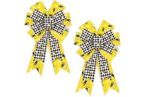 ABTOLS 2PCS Bumble Bee Wreath Bows, Black White Buffalo Plaid Bee Bows for Wreath Yellow Bee Wreath Bows Spring Floral Decorative Bows for Front Door Summer Burlap Tree Bows for Indoor Outdoor Decor