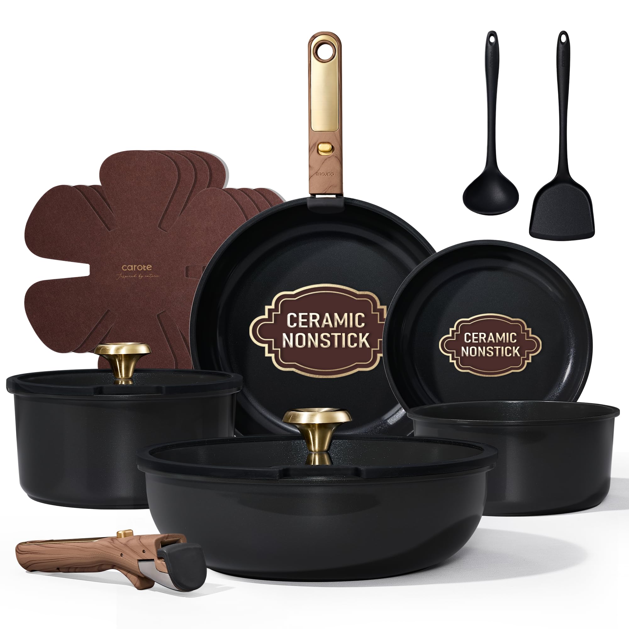 Photo 1 of **DAMAGE, SEE NOTES** CAROTE 15Pcs Ceramic Cookware Set, Pots and Pans Set Non stick, Kitchen Cooking Set with Detachable Handle, Non Toxic Induction Cookware, Dishwasher/Oven Safe, PFAS Free, Black&Gold