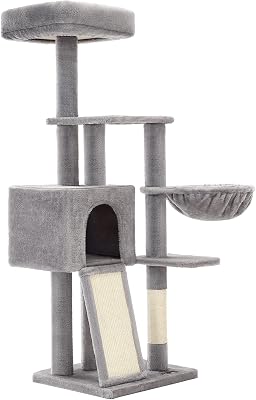 Albero per Gatti, Tiragraffi Piccolo da 135 cm, Condominio per Gatti in Peluche a più Livelli con Copertura per Trespolo Rimovibile Lavabile, Graffiatoio, Cesto, Grotta, Grigio Chiaro