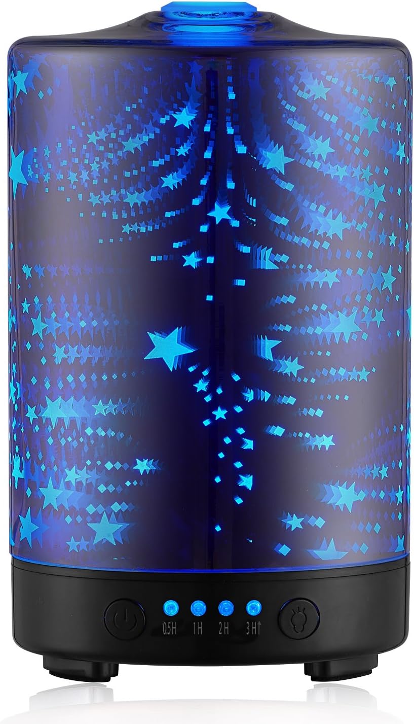 HILI Aromatherapy Oil Diffuser 100ML Essential Oil Ultrasonic Cool Mist Humidifier with 3D 7 Color Changing Starburst LED Lights