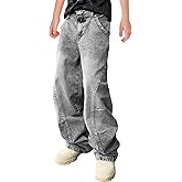 Haloumoning Boys Cargo Jeans Kids High Waisted Baggy Pants Casual Demin Pants with Multi Pockets 5-14 Years