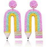 HZEYN Teacher Earrings Beaded Rainbow Pencil Drop Dangle Earrings Teacher Appreciation Gifts Back To School Jewelry for Women