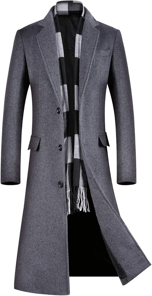 ebossy Men's Wool Blend Full Length Overcoat Single Breasted Long Coat