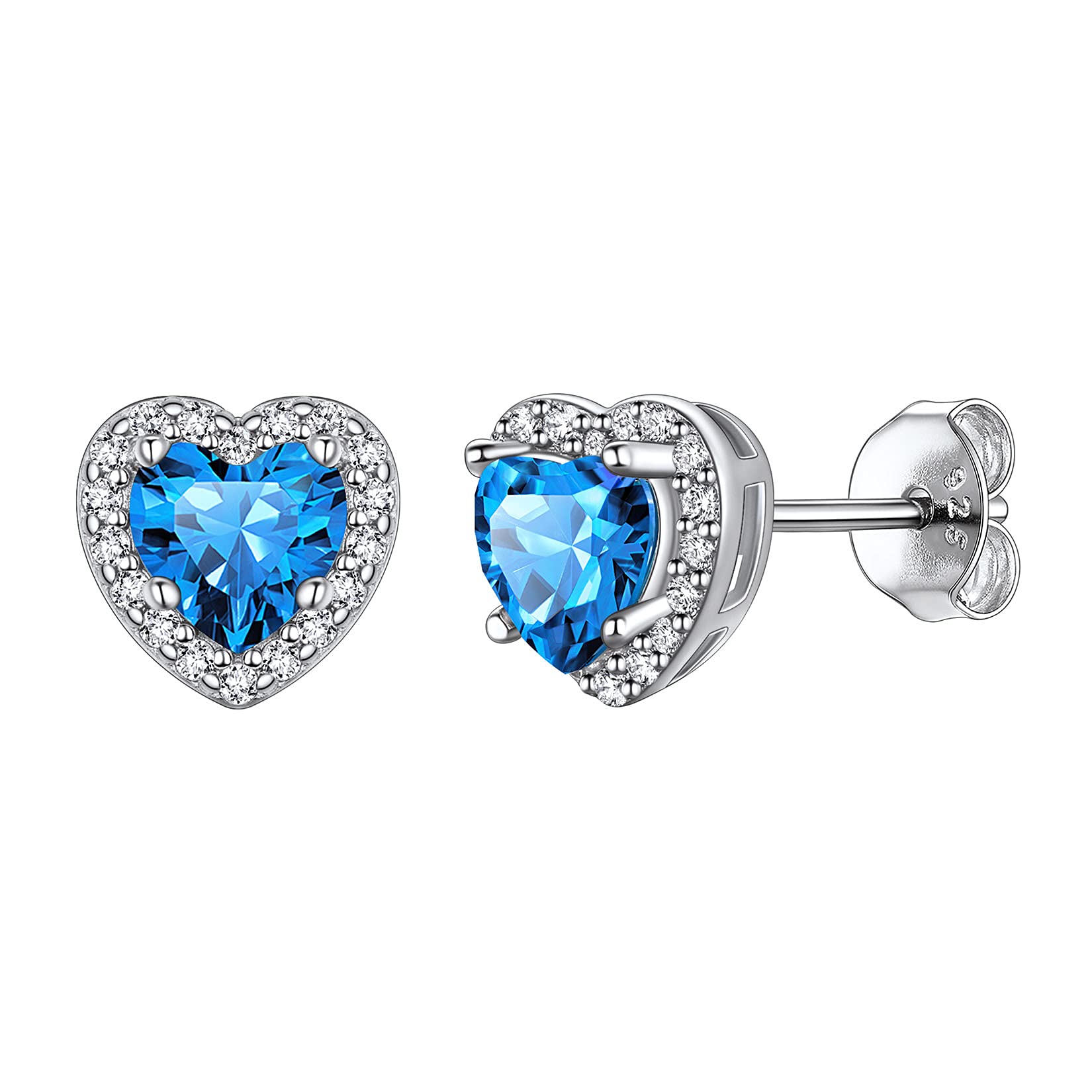 925 Sterling Silver Heart Brilliant Cut Cubic Zirconia CZ Halo Stud Earrings for Women Girls Tiny Cute Comfy Created Blue Topaz December Birthstone Hypoallergenic Wedding Bridesmaid Earrings