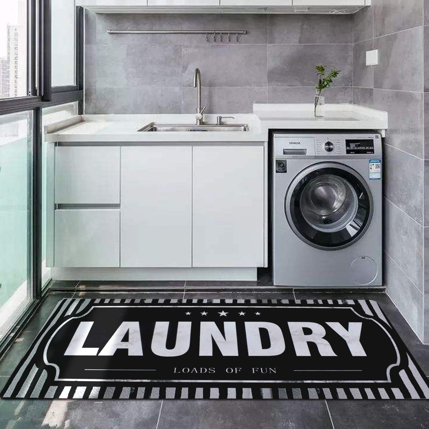 USTIDE Striped Laundry Room Mat Black Nonslip Rubber Laundry Room Runner 20"x48