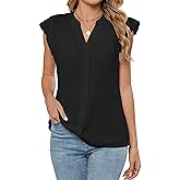 Famulily Womens Cute Ruffled Cap Sleeve Notched V Neck Blouse Top Summer Casual Pleated Tee Shirt