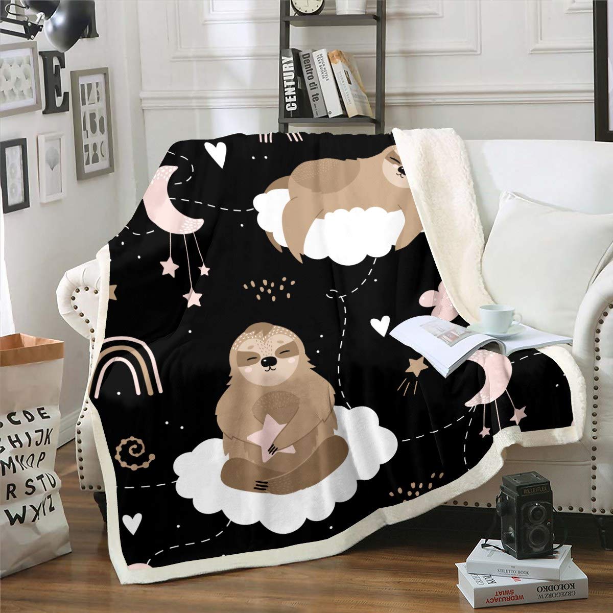 Loussiesd Kids Fleece Blanket Sloth Blanket Cute Animal Pattern Sherpa Blanket for Couch Travel Sofa Microfiber Cartoon Sloth Printed Plush Throw Blanket Room Decor Fuzzy Blanket Double 60"x79"