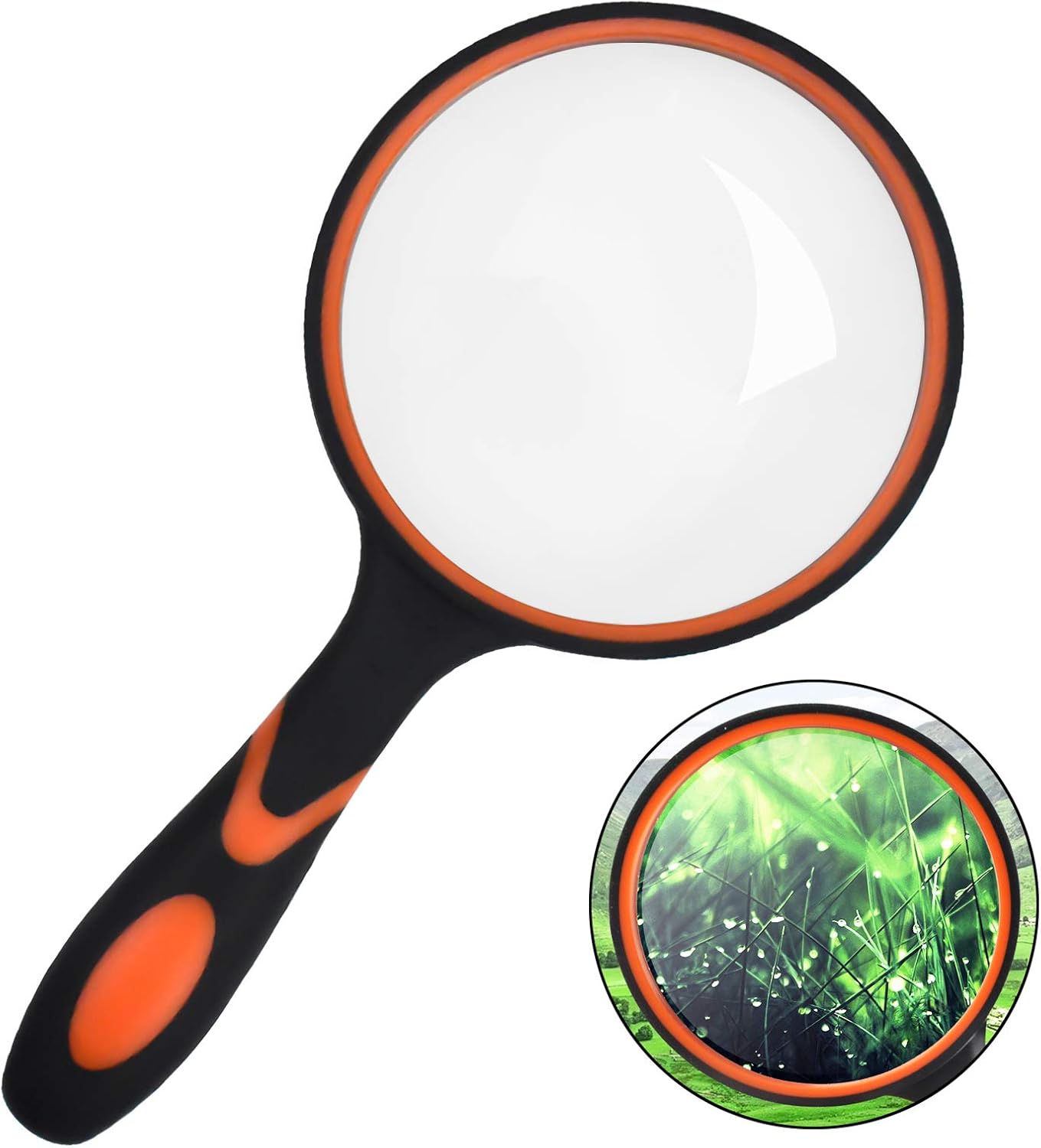 Skyzone Magnifying Glass 10X,100mm/4inch Magnifying Lens Handheld Reading Magnifier with Non-Slip Soft Rubber Handle for Reading Books Inspection,Insect and Hobby Observation (Orange)