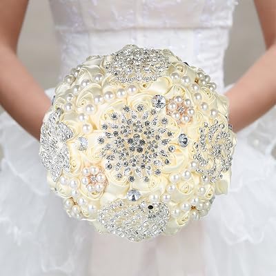 Decdeal Bridal Bouquet, Roses Flowers Crystal Pearl Wedding Bouquet Diamond Type18x25cm
