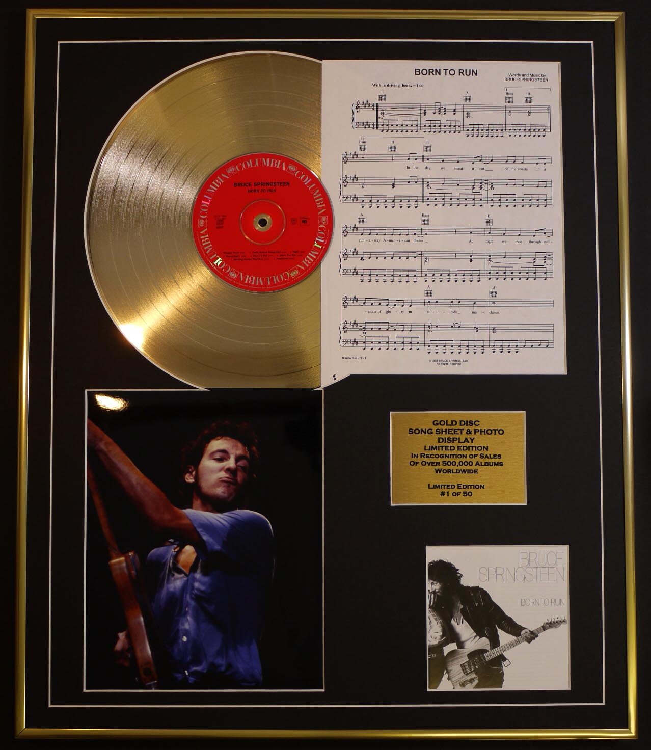 BRUCE SPRINGSTEEN/CD GOLD DISC, SONG SHEET & PHOTO DISPLAY/LTD. EDITION/COA/ALBUM BORN TO RUN/SONG SHEET, BORN TO RUN