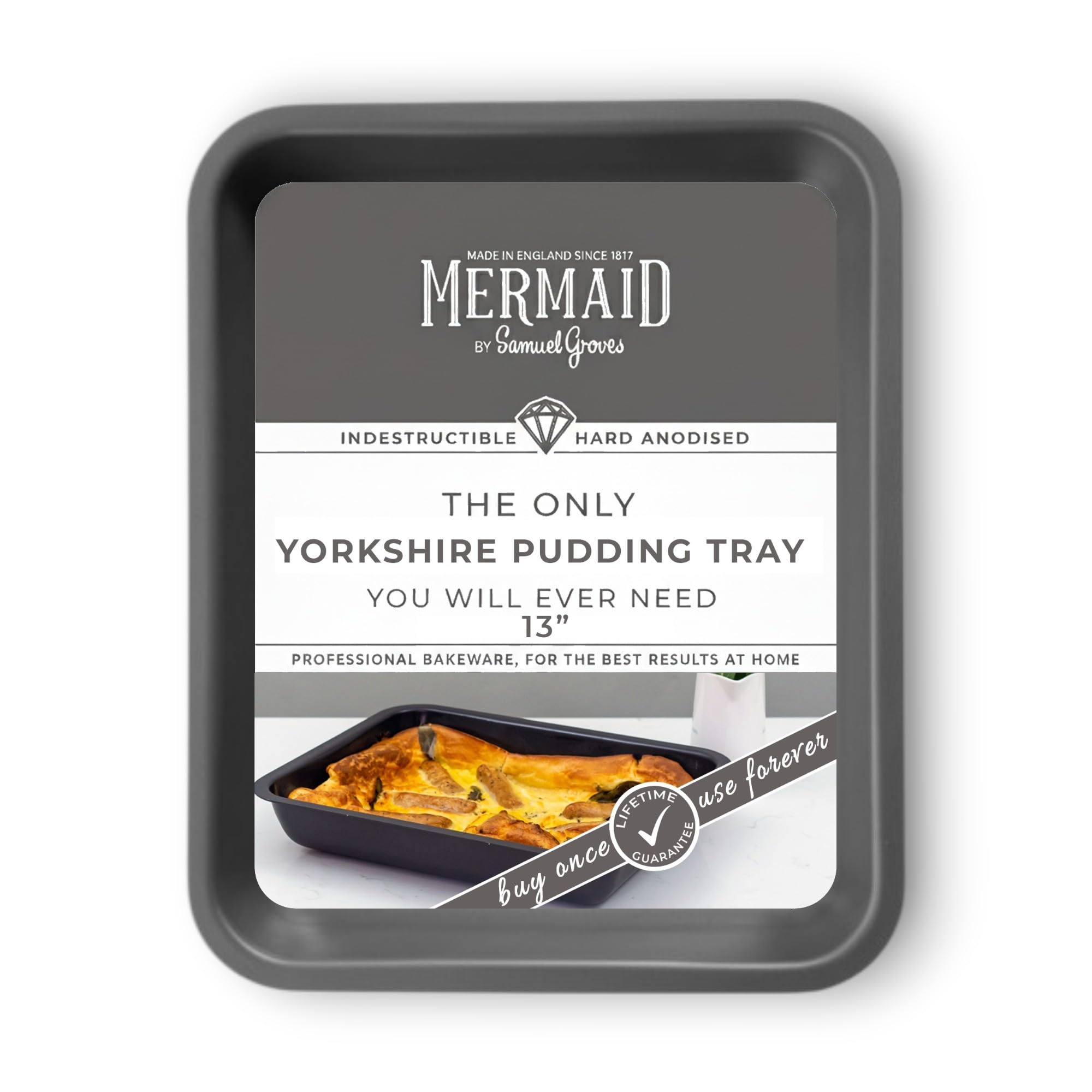 Mermaid Hard Anodised Yorkshire Pudding Tray 34cm – Large Yorkshire Pudding Tin for Oven, Heavy-Duty Hard Anodised Roasting Tray, Non-Stick Patina Bakeware, Made in England by Samuel Groves