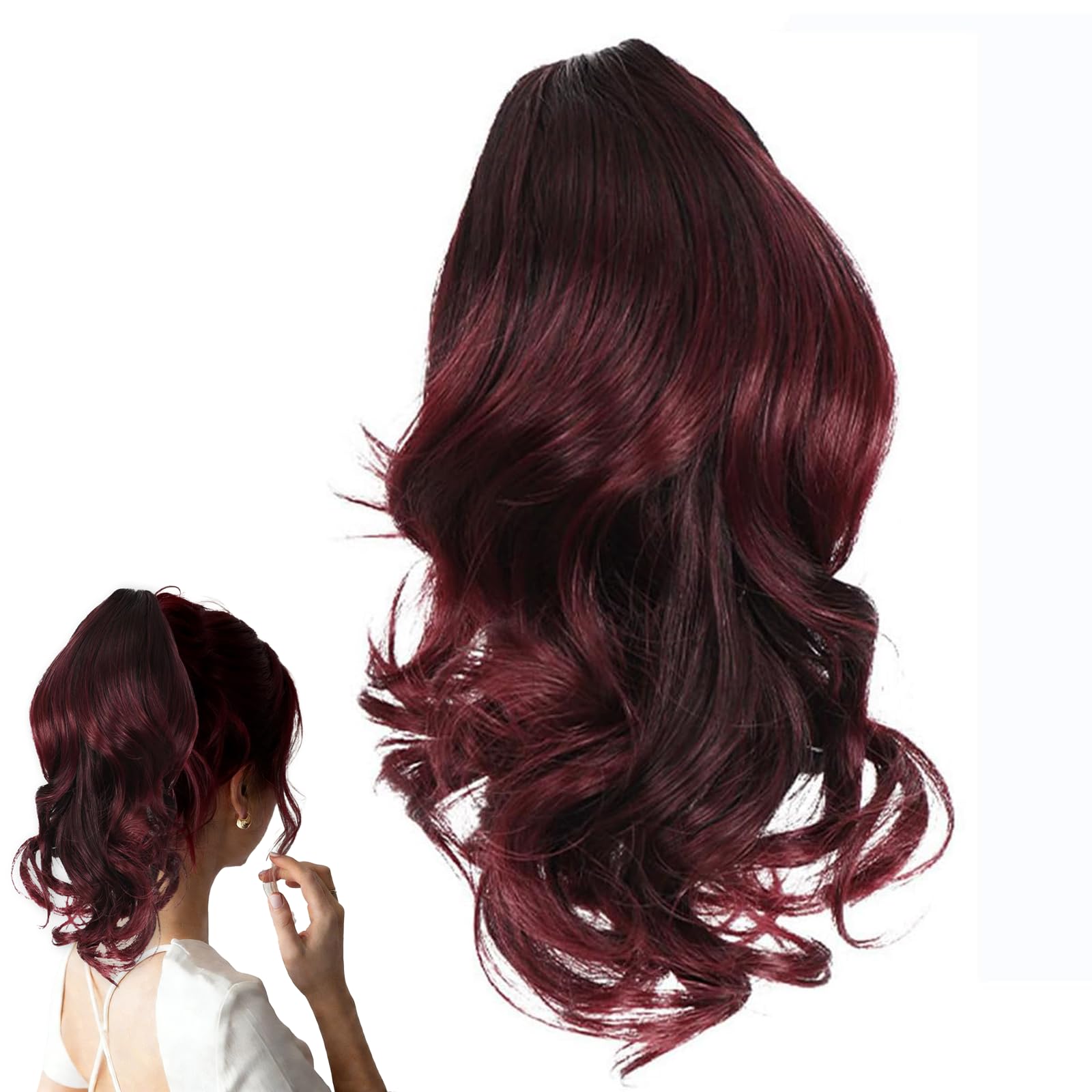 Traziewell Curly Hair Extensions Clip in Claw On Ponytail Extension Wavy Pony Tail Natural Fluffy Synthetic Hairpieces for Women Red, 0907