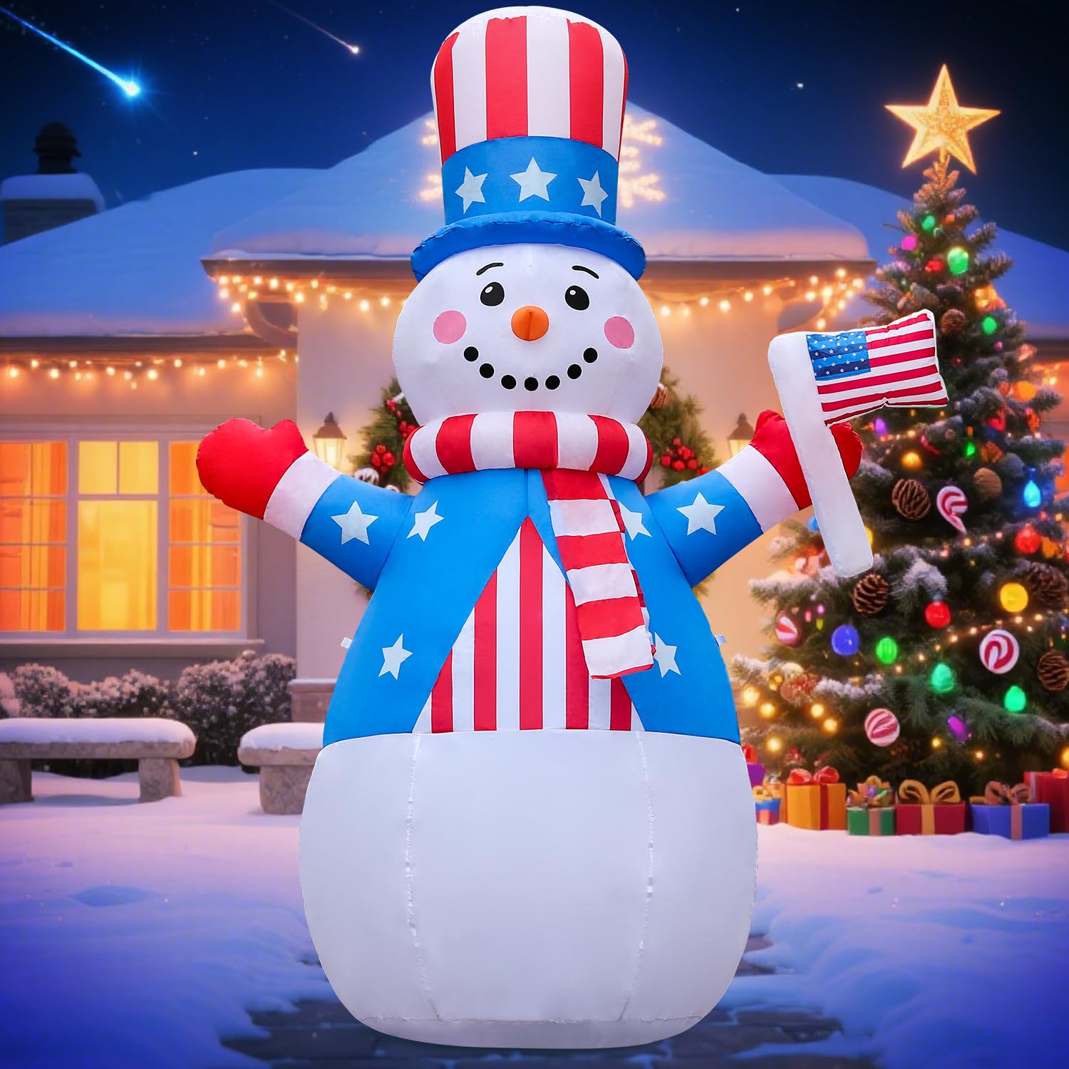 Photo 1 of **MAJOR DAMAGED/check clerk comments**

DomKom 8FT Christmas Patriotic Inflatable Outdoor Decoration, Snowman with American Flag, LED Lights Holiday Blow Up for Party Garden Yard Lawn Decor