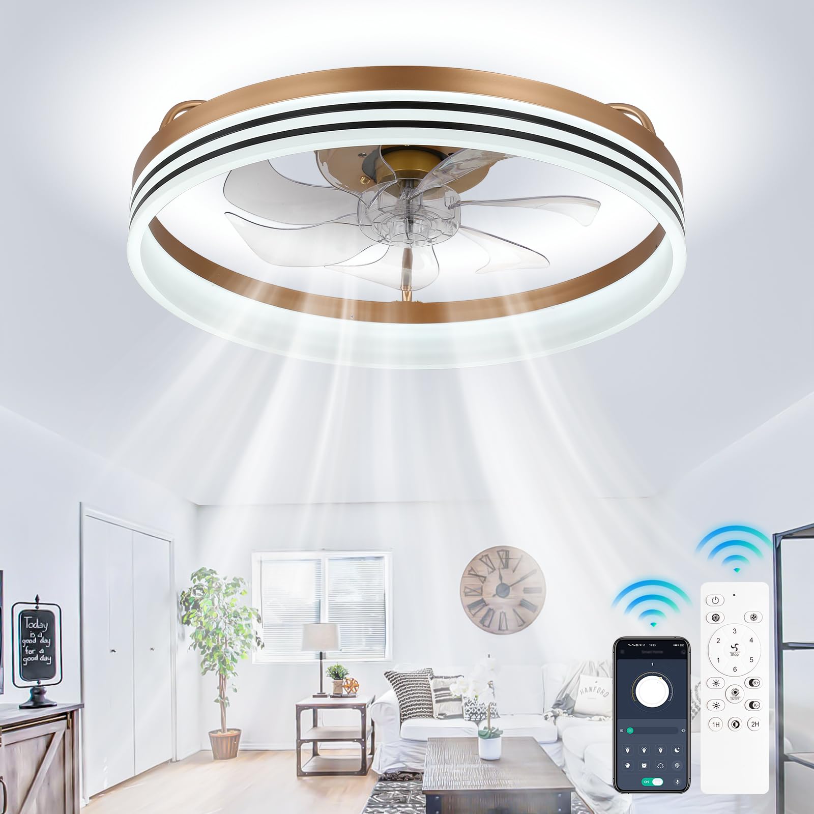 Photo 1 of (SEE NOTES) ***PARTS ONLY****Cainjiazh Ceiling Fans with Lights and Remote 20" Dimmable Fandelier LED Fan Light Modern Ceiling Fan, Low Profile Flush Mount Ceiling Fan Lights for Bedroom Kitchen and Living Room(Gold)